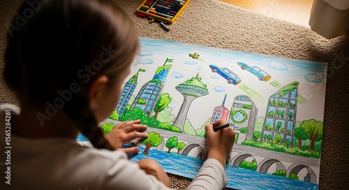 Child Sketching Futuristic Eco-Friendly City with Flying Cars