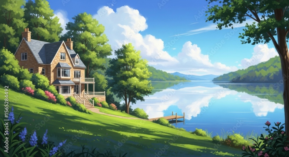 Fototapeta premium House by Lake with Reflections, Green Lawn and Trees on a Sunny Day