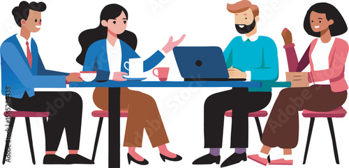 Diverse groups of professionals are engaged in team meetings around a table
