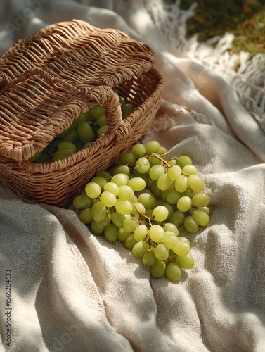 Wallpaper Mural Wicker basket with green grapes on soft beige picnic blanket in sunlight Torontodigital.ca