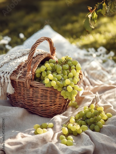 Wallpaper Mural Wicker basket with green grapes on soft beige picnic blanket in sunlight Torontodigital.ca