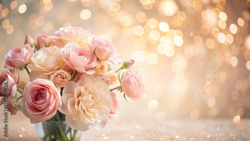 A Delicate Bouquet of Pastel Roses in Soft Light with a Sparkling Background