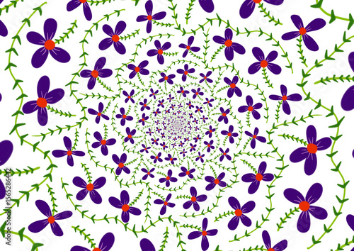 A vibrant, swirling pattern of flowers and green vines, creating a dazzling and hypnotic floral design.