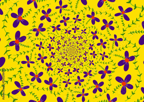 A vibrant, swirling pattern of flowers and green vines, creating a dazzling and hypnotic floral design.