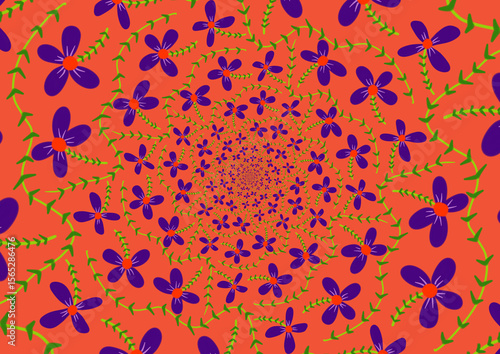 A vibrant, swirling pattern of flowers and green vines, creating a dazzling and hypnotic floral design.