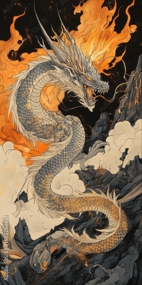 Fototapeta premium Dragon Art with Fire and Clouds