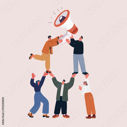 Cartoon vector illustration of people lifting a speaker to amplify one voice as a symbol of collective advocacy