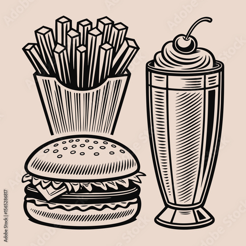 Vintage Style Fast Food Illustration with Burger Fries and Milkshake