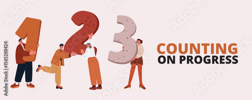 Cartoon vector illustration of people and numbers as a metaphor for progress through collaboration and data