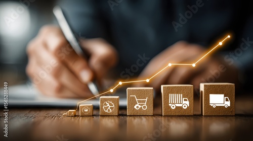 Supply Chain Growth Concept: Rising Graph on Wooden Blocks with Icons