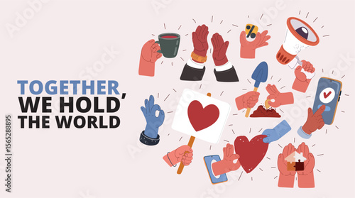 Cartoon vector illustration of hands holding symbols of love and unity as a metaphor for global connection and shared values