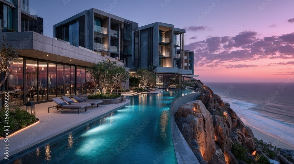 Fototapeta premium Architecture modern A cliffside hotel with stacked concrete volumes infinity pools and panoramic ocean views at sunset
