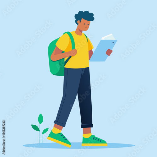 Cartoon vector illustration of a young student boy holding a skateboard