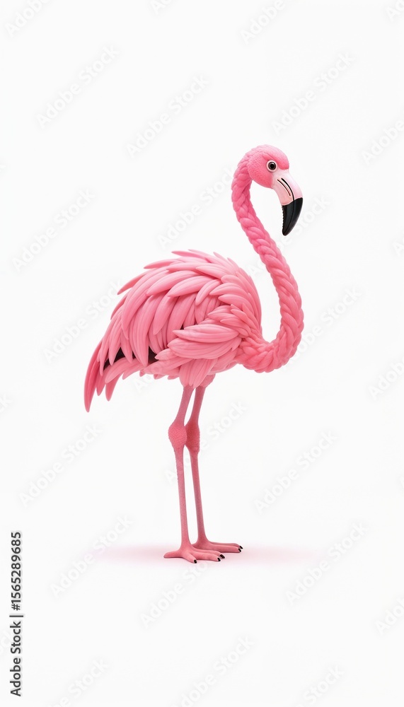 Fototapeta premium Creative pink flamingo figurine made of clay on white background 