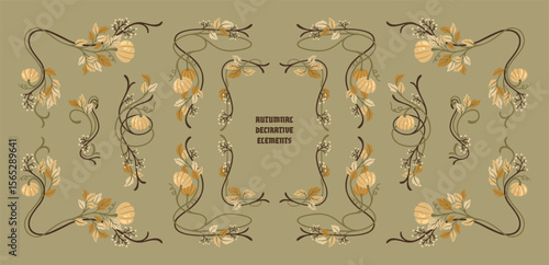 Autumnal Art Nouveau frames, corners, and borders. Seasonal Vintage decor. Vector.