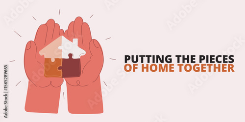 Cartoon vector illustration of hands forming a house as a metaphor for rebuilding home and emotional connection