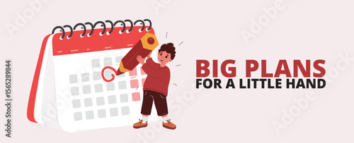 Cartoon vector illustration of a calendar and small boy as a metaphor for planning a better future for the next generation