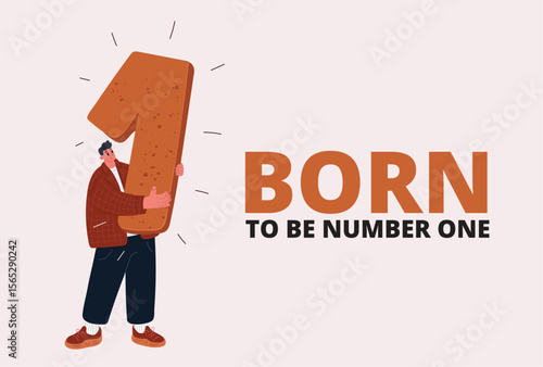 Cartoon vector illustration of a child standing with a number one as a metaphor for ambition, potential, and self-belief