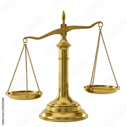 Classic brass balance scale symbolizing justice, law, and equality isolated on white or transparent background. PNG format.