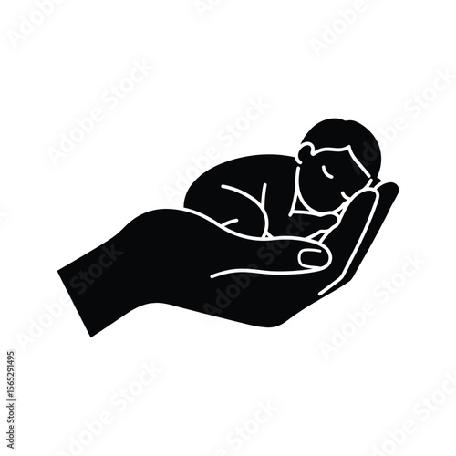Sleeping baby in a hand icon vector illustration  newborn infant childcare protection care safety adoption parenthood family love hope tenderness
