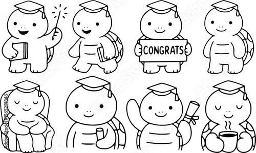 Graduation turtle vector set, cute line art of turtles with books, diploma, congrats sign, and tea, black outline illustration