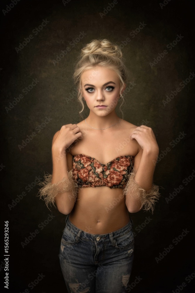 A woman in a floral top and jeans posing for a picture A woman in a floral top and jeans posing for a picture