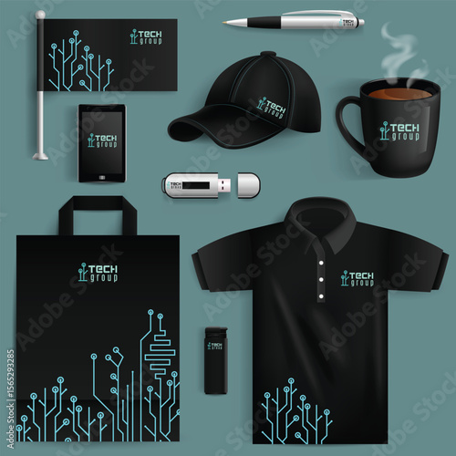Black Tech Group corporate mockup shirt mug flash drive pen bag flag phone bottle and hat on a blue backdrop