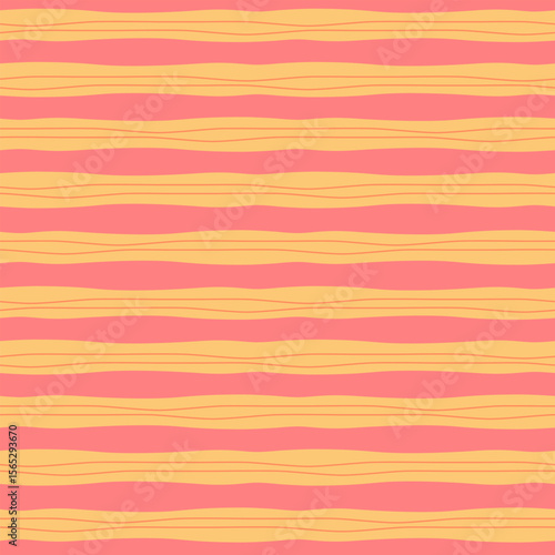 Colorful wavy stripes vector seamless pattern. Modern minimal repeat design with horizontal thin and thick irregular lines. Playful retro pink and yellow geometric tile. Fun abstract background 