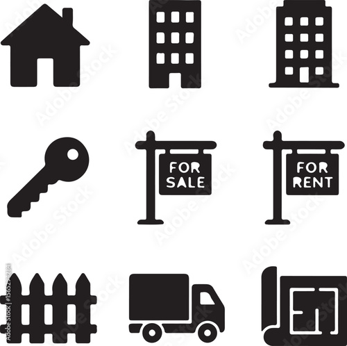 Real Estate Icons House, Building, Key, For Sale, For Rent, Fence, Moving Truck, Blueprint