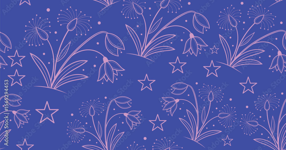 Seamless floral and star pattern on deep blue background with soft pink line art. Hand-drawn botanical style ideal for fabric, and wrapping. Elegant design for creative projects. Seamless floral and star pattern on deep blue background with soft pink line art. Hand-drawn botanical style ideal for fabric, and wrapping. Elegant design for creative projects.