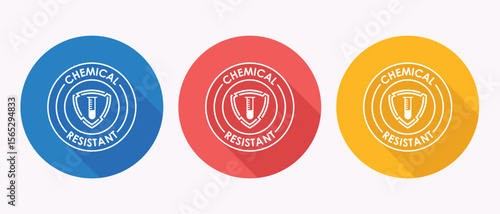 Set of three chemical resistant icons with test tube and shield symbol in blue red and yellow