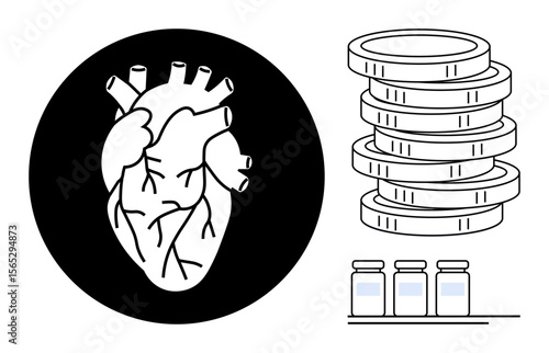 Anatomical heart, stacked coins, and medicine vials suggest themes of healthcare, financial investment, treatment costs, medical funding, pharmaceuticals, global healthcare and economics. Ideal