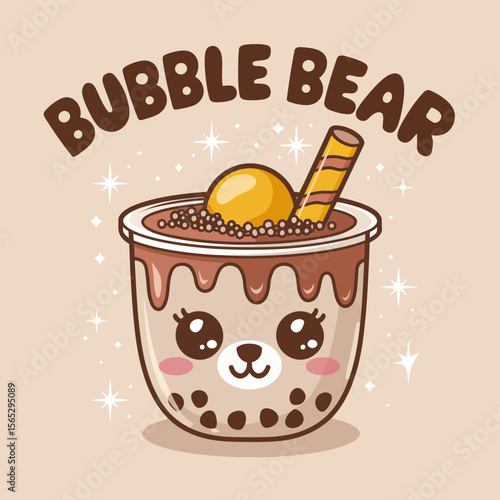 A cute, cartoon-style cup of bubble tea features a bear face, topped with an orange scoop and a wafer stick, surrounded by sparkling stars.