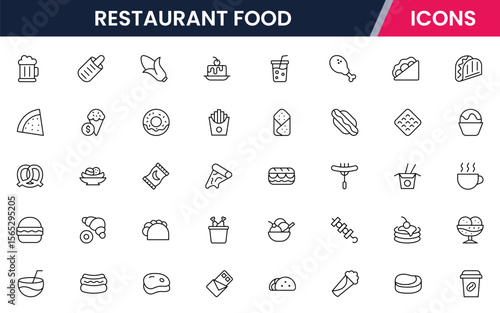 Fast Food vector web line icon collection, sleek illustrations of burgers, fries, drinks, and quick-service items for vibrant designs.