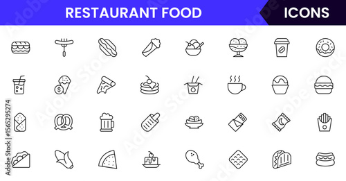 Fast Food vector web line icon collection, sleek illustrations of burgers, fries, drinks, and quick-service items for vibrant designs.