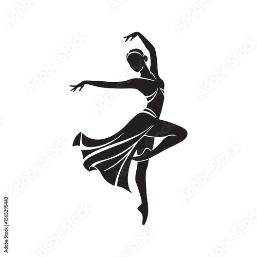 Graceful female dancer in a flowing dress performing a ballet pose silhouette isolated on white background