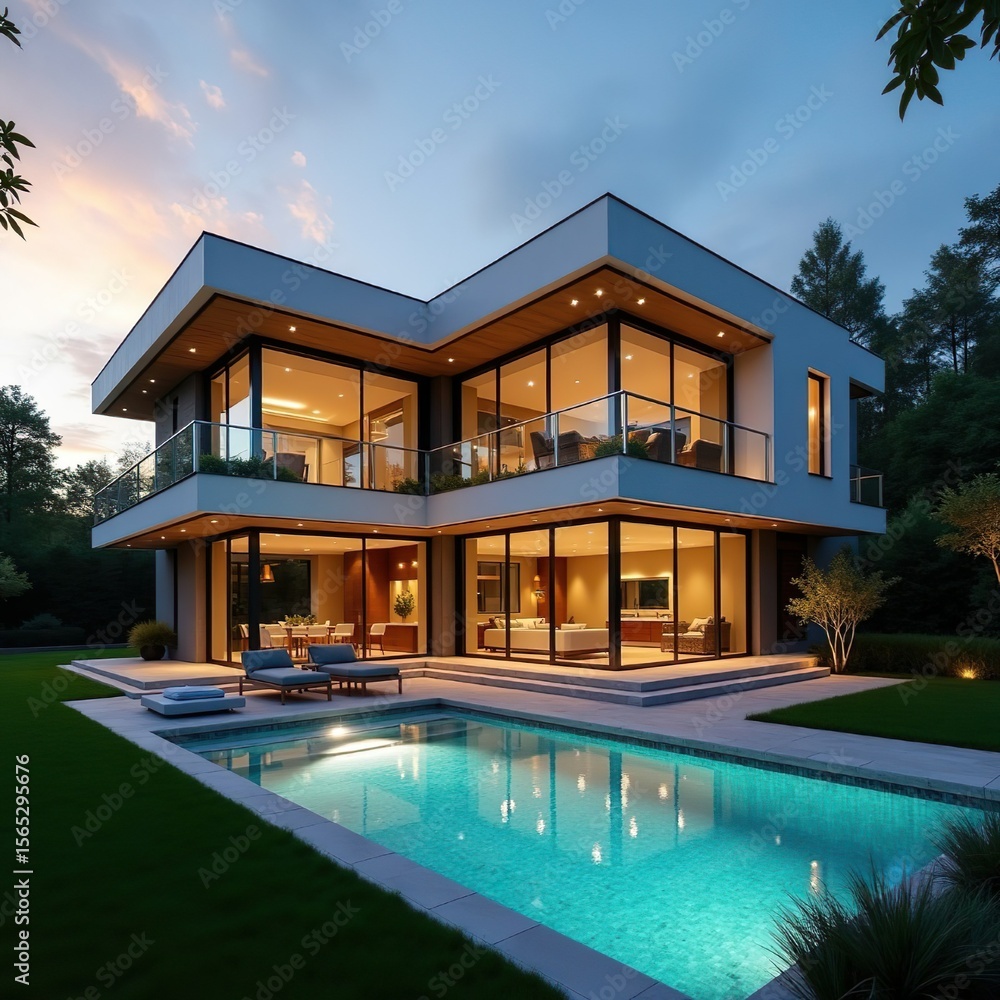 Fototapeta premium A luxurious modern multilevel house exterior with a sparkling swimming pool at dusk