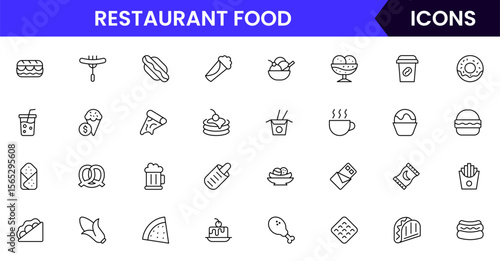 Fast Food vector web line icon collection, sleek illustrations of burgers, fries, drinks, and quick-service items for vibrant designs.
