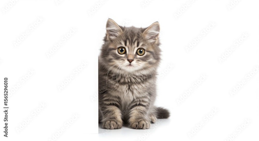 Obraz premium Adorable Gray Kitten, Fluffy Fur, Big Eyes, Studio Shot, White Background