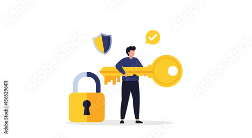 A person holds a large golden key, unlocking a padlock, symbolizing security and access.