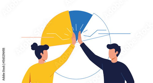 Two people high-five over a pie chart, symbolizing teamwork and success in data analysis.