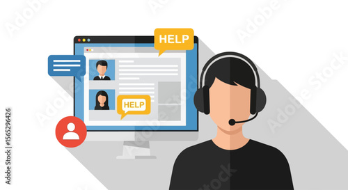 Illustration depicting a customer service representative assisting clients online with a headset.