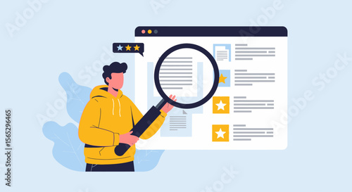 Man examines online reviews using magnifying glass, assessing feedback and ratings.