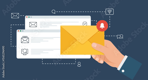 Hand receiving important email notification, digital communication, online message, web browser, alert.