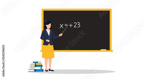 A female teacher points to an equation on a chalkboard in a simple classroom illustration.