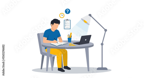 A young person sits at a desk, focused on writing in a notebook, surrounded by study tools and a laptop.