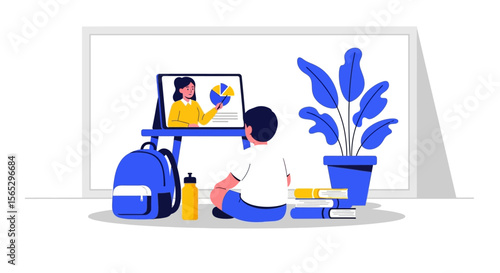 A child sits on the floor, engaged in online learning, watching a teacher on a tablet screen.
