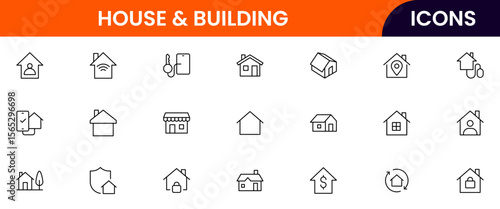 A clean vector icon set featuring home-related symbols like houses, keys, locks, and interiors, rentals, or smart home