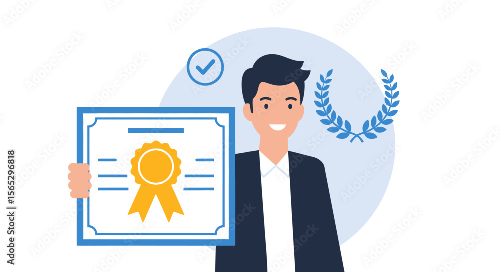 Smiling man proudly displays his achievement certificate, signifying success and accomplishment. Smiling man proudly displays his achievement certificate, signifying success and accomplishment.