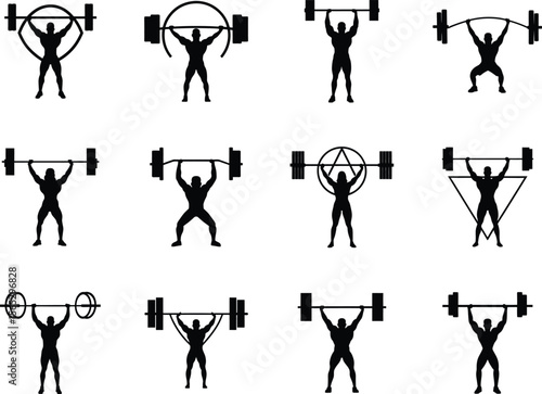 Collection of silhouettes of athletes lifting barbells in various poses
